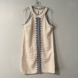 Sigrid Olsen Women’s Halter  Dress 100% Linen Embroidered Crocheted M ivory Blue